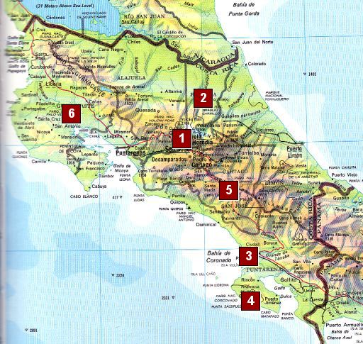 Map of Costa Rica with planned locales for 2003 trip indicated by red squares. 
